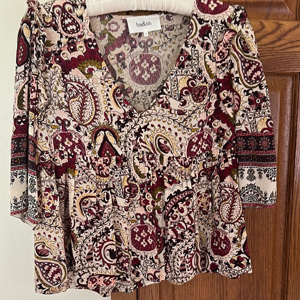 Ba&sh Red and Cream Graphic Blouse 3/4 Sleeve Relaxed Fit